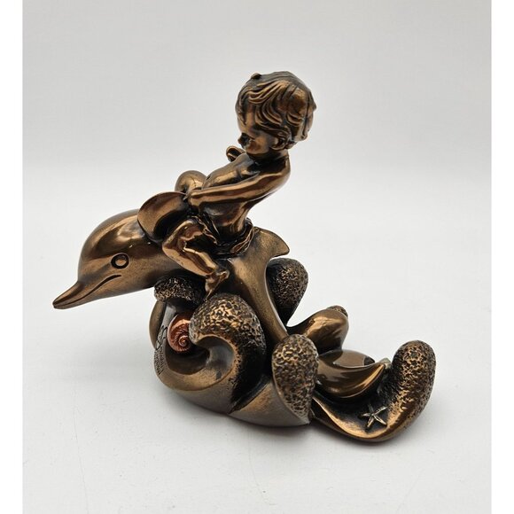 Vintage 1977 Giovanni Schoeman Cold Cast Bronze Sculpture Cherub Boy on Dolphin - Picture 2 of 10